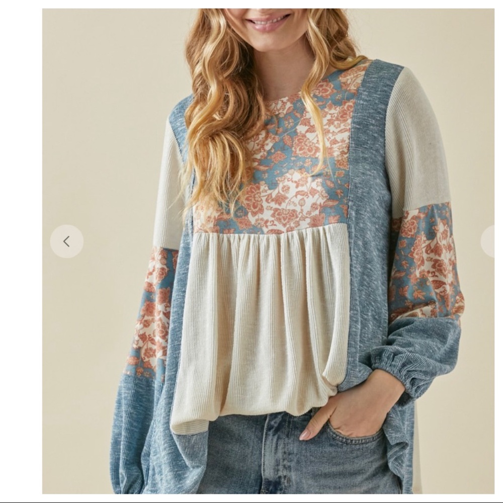 #24 Long Sleeves Color Block Boho Chic Floral Top - Picture 2 of 5